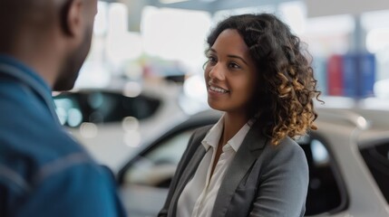 An attentive saleswoman assists a customer with scheduling a service appointment at a car dealership, ensuring their vehicle receives the care it needs with a serious attitude.