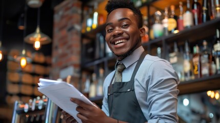 Fototapeta premium A cheerful young waiter, donning his workwear, beams with enthusiasm as he takes notes in his notepad, capturing the vibrant atmosphere of the bar counter behind him. 