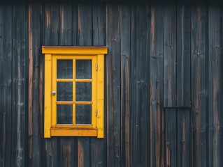A window with a yellow frame sits in front of a wooden wall