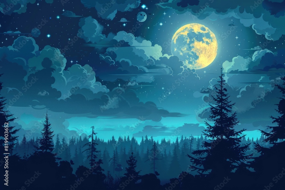 Poster a serene night scene with a full moon shining in the sky. suitable for various design projects