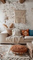 Cozy Modern Living Room Featuring a Stylish Mix of Vintage and Contemporary Knitted Decor in a Homely Atmosphere