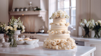 White wedding cake at white kitchen interior