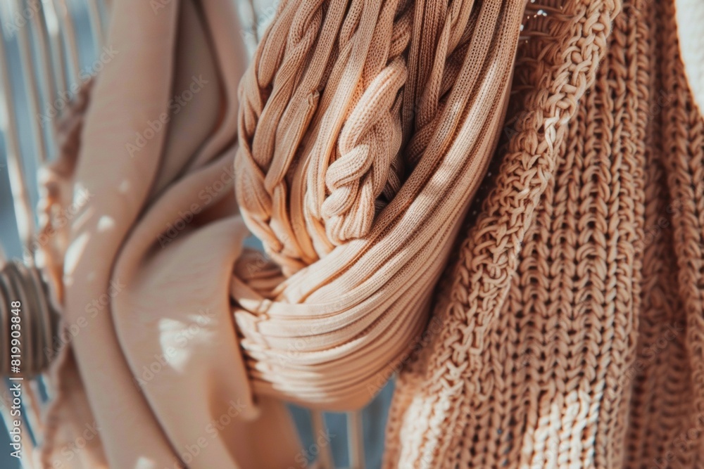 Poster textured detail of handcrafted knitted accessories in natural light: focus on intricate patterns and