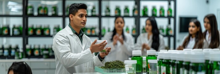 South Asian Male Scientist Demonstrates Kelp Processing Technology to Students in a Modern Laboratory, Early Afternoon Ambiance