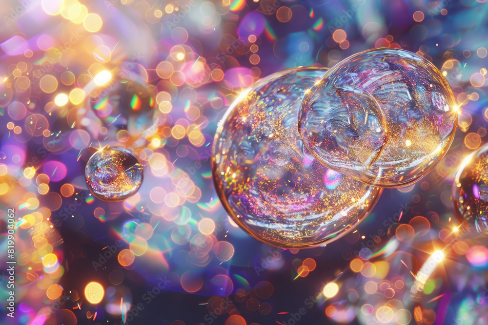 Poster multiple bubbles of varying sizes and colors floating in the air, moving gently and reflecting light