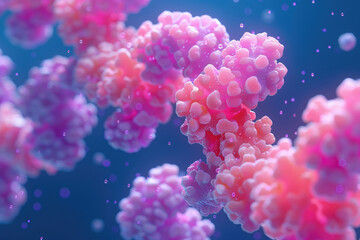 A vibrant close-up of molecular structures with pink and purple hues set against a blue background, showcasing the intricate details of biological molecules