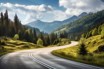 A long road winding through green forest and mountains in the distance