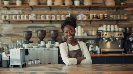 Fototapeta premium An enthusiastic entrepreneur poses confidently at the counter of their coffee shop, their passion for coffee evident in every detail of the cozy environment. S