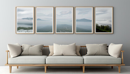 Serene Nordic interior with a light oak sofa and five horizontal poster frames, each featuring serene Scandinavian landscapes, on a cool grey wall.