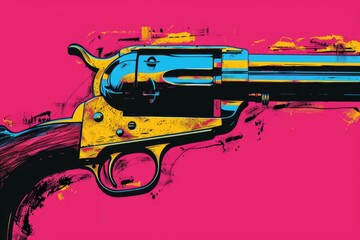 A vibrant yellow and blue revolver on a pink background. Suitable for gun safety campaigns