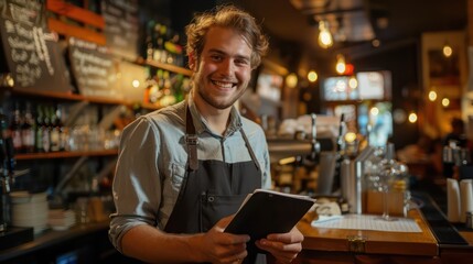 Fototapeta premium A cheerful young waiter, donning his workwear, beams with enthusiasm as he takes notes in his notepad, capturing the vibrant atmosphere of the bar counter behind him.