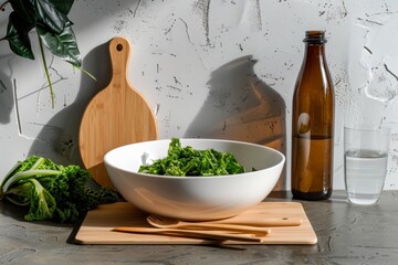 Eco-Friendly Kitchen Scene with Kelp Salad Bowl on Wooden Cutting Board, Minimalist Sustainable Interior, Natural Lighting