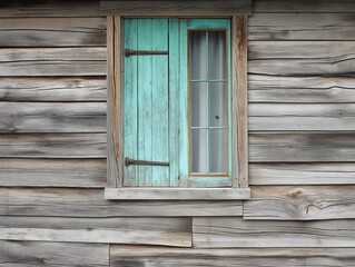 A window with a blue curtain is shown in front of a wooden wall