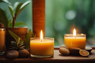 A peaceful and relaxing atmosphere with burning candles on a dark background. Relaxing evening in a cozy Thai resort. Suitable for spa and beauty themes.
