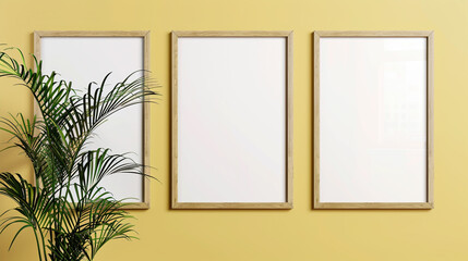Three blank horizontal poster frames in a Scandinavian style living room with a soft yellow color palette. Frames are aligned vertically beside a tall indoor plant.