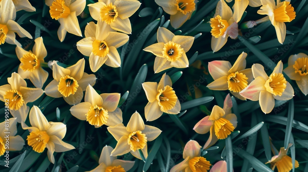 Poster Symmetrical Aerial Capture of Vibrant Yellow Daffodils with Intricate Geometric Patterns and Natural Lighting