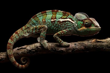 Naklejka premium A chameleon lizard perched on a tree branch, suitable for nature themes