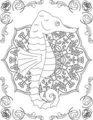 Seahorse on Mandala Coloring Page. Printable Coloring Worksheet for Adults and Kids. Educational Resources for School and Preschool. Mandala Coloring for Adults