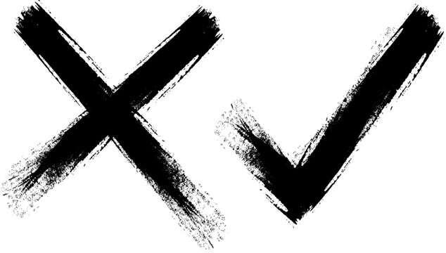 Yes, No simbols. Hand drawn vectorized brush texture icons, True or faulse, right or wrong, agree or disagree Vector objects