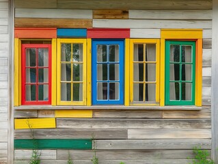 A colorful house with a window that has a blue stripe