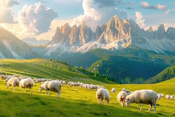 Herd of sheep grazing on lush green hillside, perfect for agricultural concepts