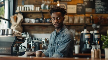 A focused young coffee shop owner stands behind the counter, their attention to detail and commitment to excellence reflected in the meticulously crafted beverages they serve. 