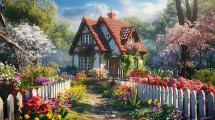 A charming countryside cottage surrounded by blooming flowers and a picket fence. - Powered by Adobe