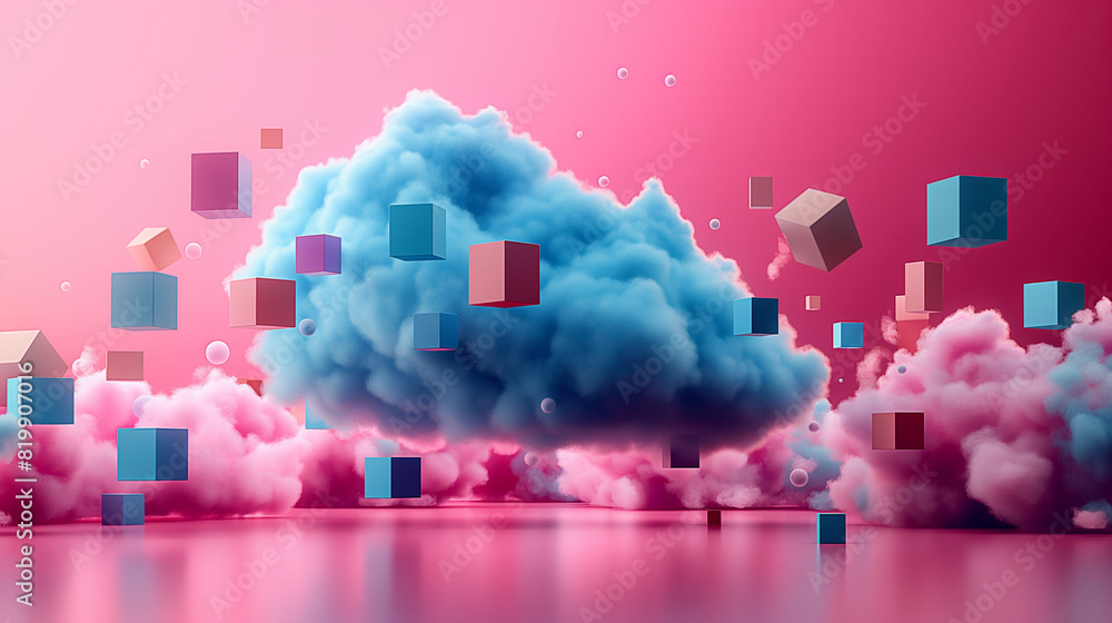 Poster abstract 3d image illustrates the concept of cloud computing, showcasing a floating blue cloud surro