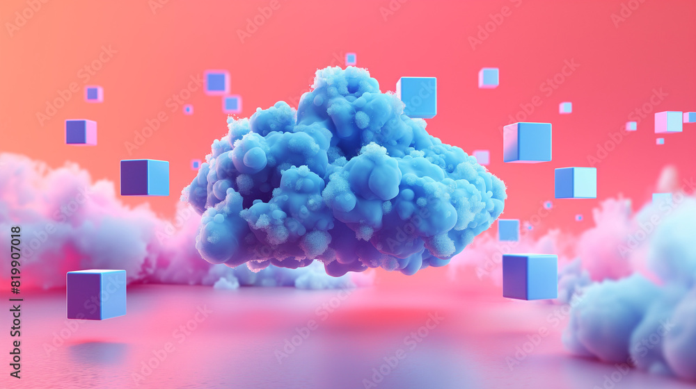 Poster abstract 3d image illustrates the concept of cloud computing, showcasing a floating blue cloud surro