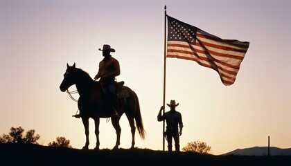 silhouette of a cowboy standing on a horse with the flag of the United States of America
