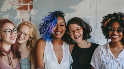 A group of diverse female entrepreneurs smiling and discussing strategies for their startup. 