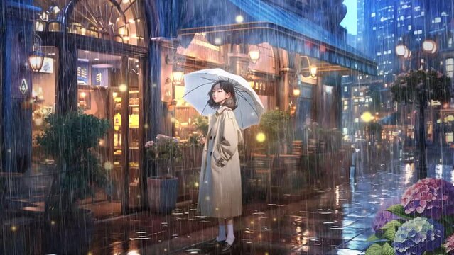 雨の日のカフェと傘を差した女性