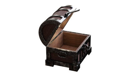 Open treasure chest box old dirty metal edge empty box side view 3D rendering