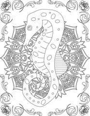Seahorse on Mandala Coloring Page. Printable Coloring Worksheet for Adults and Kids. Educational Resources for School and Preschool. Mandala Coloring for Adults