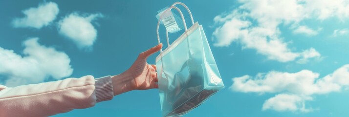 Hand Holding a Reusable Shopping Bag High Against a Clear Blue Sky, Promoting Sustainability on International Plastic Bag Free Day