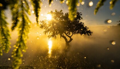 Yellow of the sun setting for a long exposure photograph, with some tree silhouette around and mist from water drops hanging in air