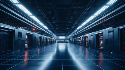 Network and internet communication technology concept, data center interior, server racks with telecommunication equipment in data center server room