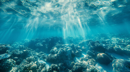 A clear blue ocean with sunlight shining through the water