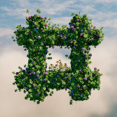 A hashtag symbol for social media covered in flowers, plants and grasses - 3d illustration