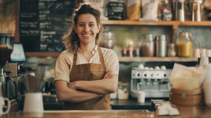 An upbeat barista stands proudly behind the bar, her crossed hands a subtle gesture of readiness and professionalism as she prepares to serve her next customer.