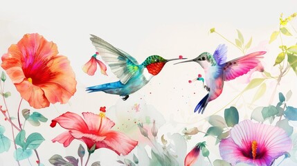 beautiful and colorful image of hummingbirds on flowers