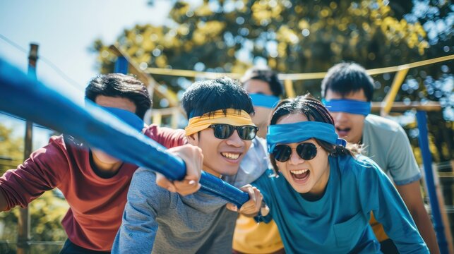 Asian colleagues participating in a team-building trust exercise, guiding each other blindfolded through an obstacle course. 