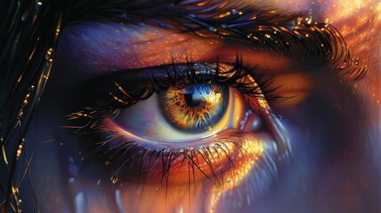 Craft a photorealistic depiction of a womans eye with a subtle reflection of a sunset Focus on the eyelashes, iris, and light play to showcase the blend of beauty and nature