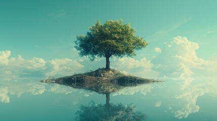 Create a digital artwork of a lone tree standing tall against a vast