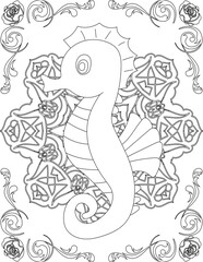 Seahorse on Mandala Coloring Page. Printable Coloring Worksheet for Adults and Kids. Educational Resources for School and Preschool. Mandala Coloring for Adults