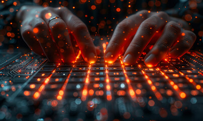 Front-end programmer coding website on laptop surrounded by circuits and JavaScript code