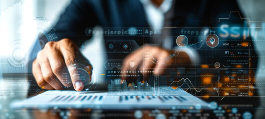 Businessman analyzing financial KPI dashboard, business data analysis, market research, strategic planning, business intelligence