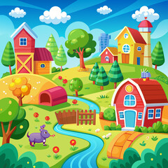 Fototapeta premium Bright, cartoon-style farm landscapes with cheerful colors for children’s books or educational materials.1