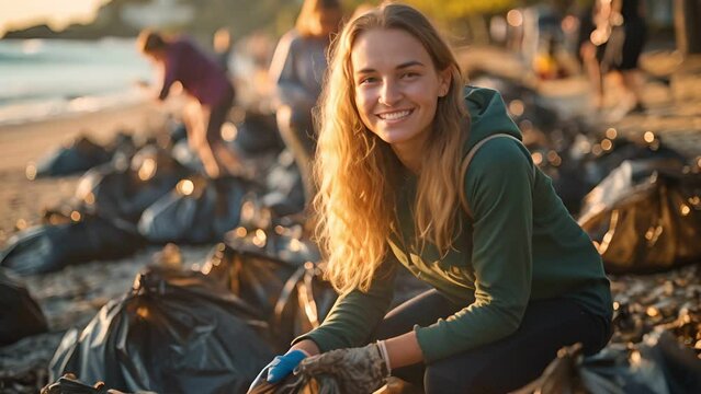 Young teenagers new generation is picking up plastic waste on the beach to eliminate plastic pollution