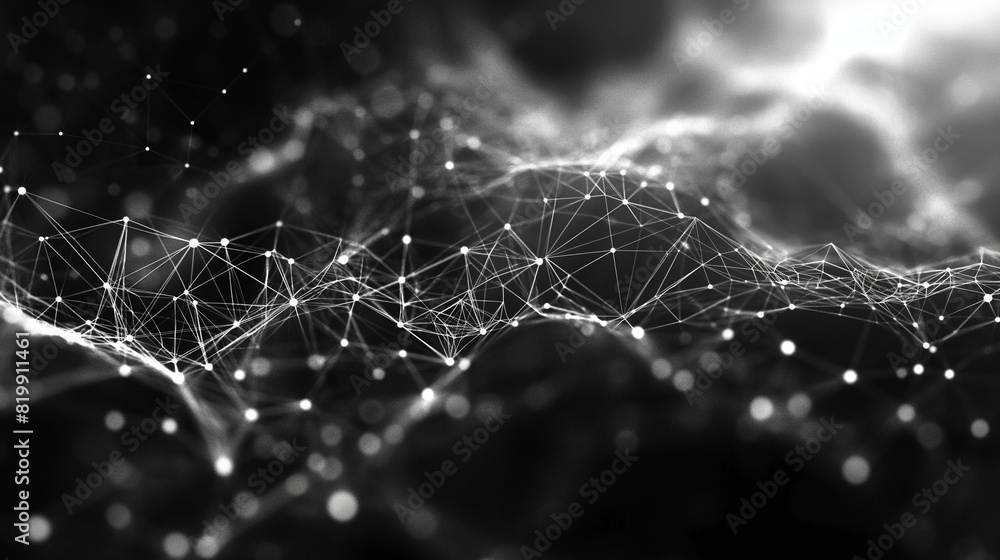 Poster close up of network and big data flowing on black background.